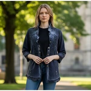 Tredy Bohemian Jacket Top Size M Ruffle Stand Collar Stud Detailing at Shoulders